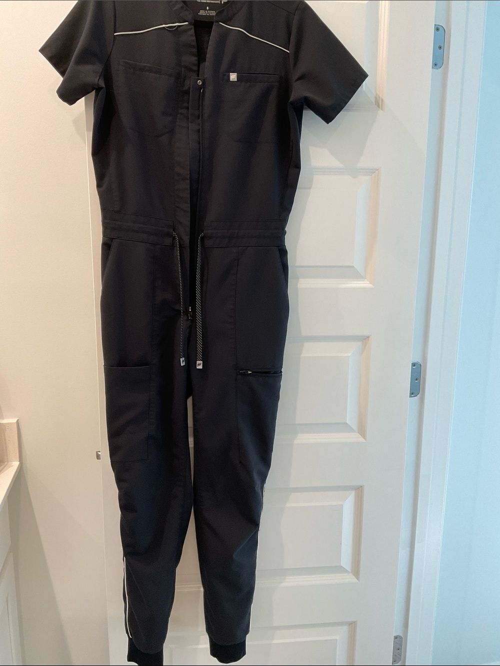 Fabletics Black Short-Sleeve Jumpsuit with White Piping
